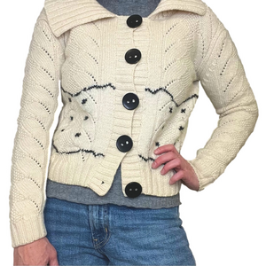 HANDMADE Cream Wool Cardigan Sweater Cropped Large Black Buttons Wide Collar S